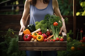 Fresh harvest of vegetables from her garden in a wooden box against the backdrop of the vegetable garden, a young girl holds a box with vegetables