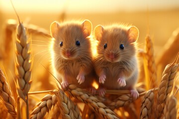 Adorable duo of curious little mice exploring and frolicking in a stunning wheat field scenery