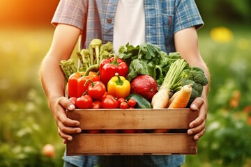 Fresh harvest of vegetables from his garden in a wooden box against the backdrop of the vegetable garden, a young male farmer holding a box with vegetables - obrazy, fototapety, plakaty