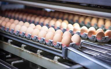 Eggs in a food processing facility, clean and fresh, ready for automated packaging. Egg factory industry poultry conveyor production