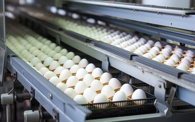 Eggs in a food processing facility, clean and fresh, ready for automated packaging. Egg factory industry poultry conveyor production