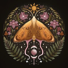 Moon Moth illustration fern and flowers Mystic Symmetric hand drawing butterfly with folk florals, leaves moon stars celestial elements on dark black background For print shirts bags home decor boho