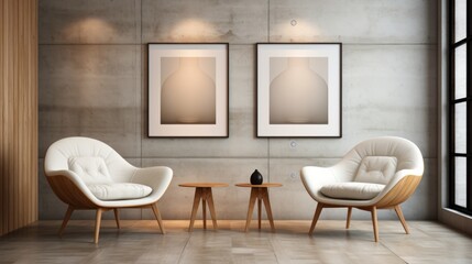 Minimalist interior with armchair and empty picture frame on white wall   high quality 3d render