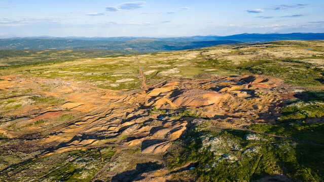 Aerial view of historic Kongens Gruve iron mine, today a sightseeing attraction and part of R&oslash;ros Unesco heritage