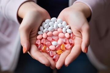 Pregnant woman holding various supplements and vitamins in white bottle   top view closeup photo