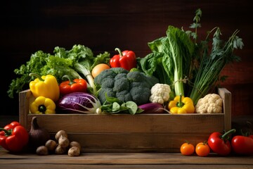 Fresh harvest of vegetables from your garden in a wooden box close-up