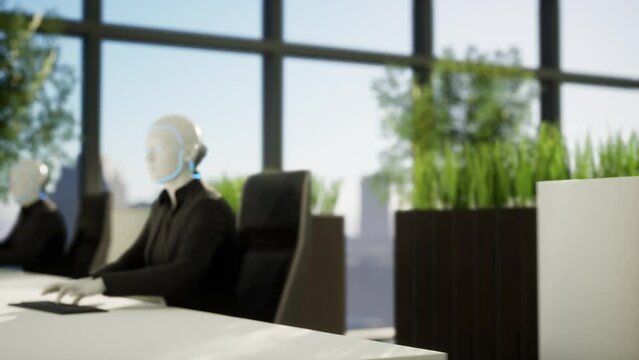 3d animation of humanoid robots working in modern office, future concept.