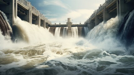 the power of nature and energy production showcasing water discharge at a hydropower plant, emphasizes the force and fluidity of water in motion. - obrazy, fototapety, plakaty