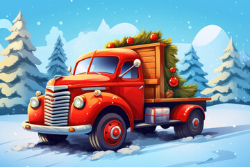 Cartoon illustration of a Christmas red retro truck carrying Christmas decorations