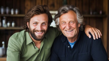 Happy father s day  adult hipster son enjoying quality time with old senior father at home