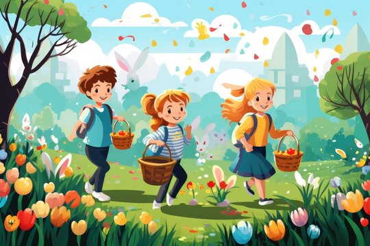 Springtime Joy. Children on an Easter Egg Hunt