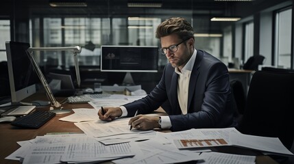 Experienced accountant meticulously examining and analyzing financial data at the modern office
