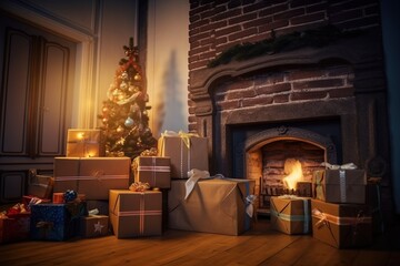 Wallpaper, gift boxes for christmas for the new year by the fireplace with fire, dark interior. AI generated.
