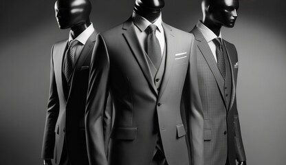 Group of mannequins in men traditional costumes, gray background isolate. AI generated.
