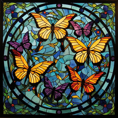 Fototapeta na wymiar Stained glass design of cartoon butterflies Generative AI