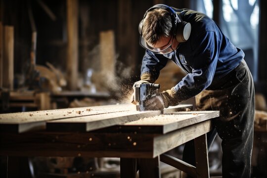 Professional handyman using power drill to improve home by drilling into wooden surface