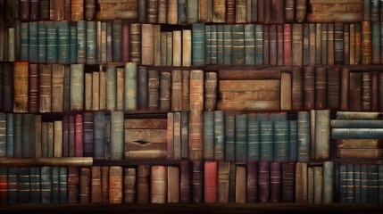 Shelves with old books, folios, textbooks, background. AI generated.