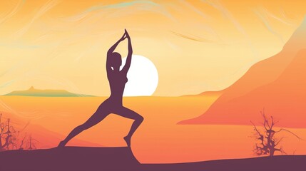 International day of yoga, graphic contours of a woman on the background of the sun. AI generated.