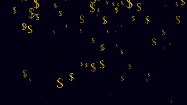 Golden "DOLLAR". Falling text dollar animation on the alpha channel. Animation of shooting "$" on transparent background, as a festive background with Christmas, St.Valentines Day and New Year.