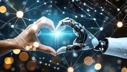 main de robot et main d'homme en forme de cœur 