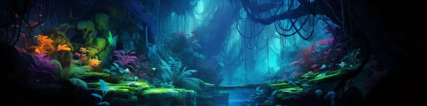 A mystical cave filled with tropical vegetation, lit by natural-looking green and blue neon lights