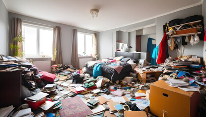 Messy room. Compulsive hoarding disorder concept.