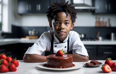 Black child wearing chef clothes in the kitchen. Boy embracing future profession. Kid in aspirational attire - obrazy, fototapety, plakaty