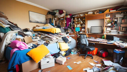 Messy room. Compulsive hoarding disorder concept.
