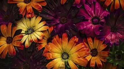 Texture of vibrant mixed African colorful blooming flowers for background, wallpaper. AI generated.