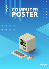 Retro computer poster for print and design. Vector illustration.