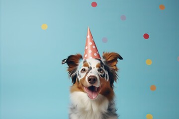 Happy cute dog wearing party hat celebrating at birthday party with confetti on pastel background
