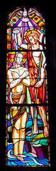 Fototapeta na wymiar Stained glass window of church, Saint Étienne de Baigorry, Basque Country, New Aquitaine, France.