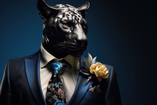 Panther dressed to impress in a sharp suit and patterned pocket square, radiating confidence and poise with a feline twist.