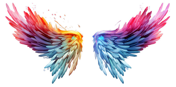 Beautiful magic watercolor angel wings isolated on transparent background