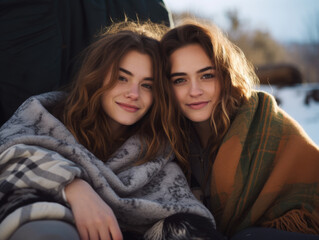 Portrait of 2 friends sitting outside in the winter with warm blankets,professional photography