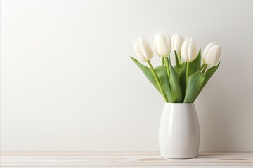 Captivating white tulips in full bloom on a softly lit white table, exuding serene beauty