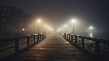Naklejka premium Concept of insomnia. Deserted streets of city illuminated by lamps in fog. AI generated.