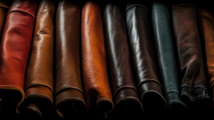 Collection of samples of natural leather for clothes, furniture in row, black background. AI...