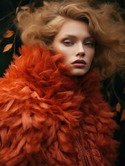 A woman with red hair and orange fur coat. Generative AI.