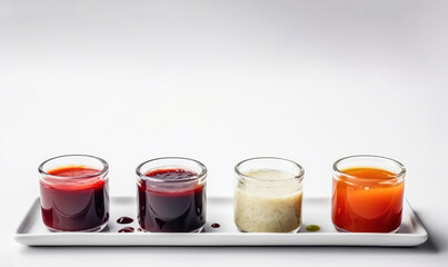 Various sauces, marinades and dressings in small bowls in a row, white background. AI generated. - obrazy, fototapety, plakaty