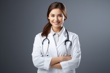 Cheerful female doctor with stethoscope posing confidently on grey background, healthcare concept