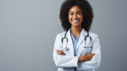 Smiling female doctor with stethoscope on grey backgroundhealthcare concept with copy space.