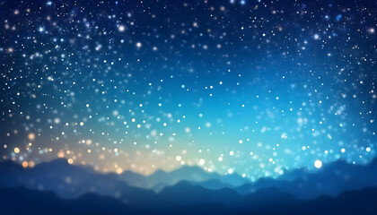 Festive starry sky background with blue light bokeh. New year and Christmas concept