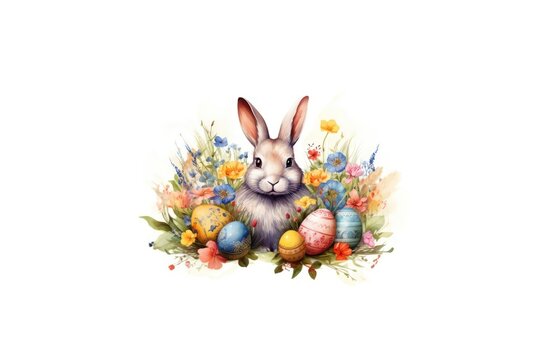 Easter bunny and Easter eggs on green grass. Generative ai image