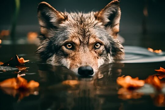 A wolf immersed in water with its head above the surface, surrounded by dark water and orange flowers, eyes intently gazing forward.