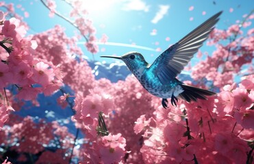 a blue bird flying among red and white flowers
