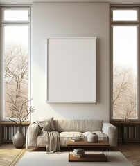 Poster mockup, poster in the room, frame on the wall, blank billboard in the room, modern living room