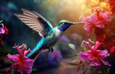 Fototapeta premium a blue bird flying among red and white flowers