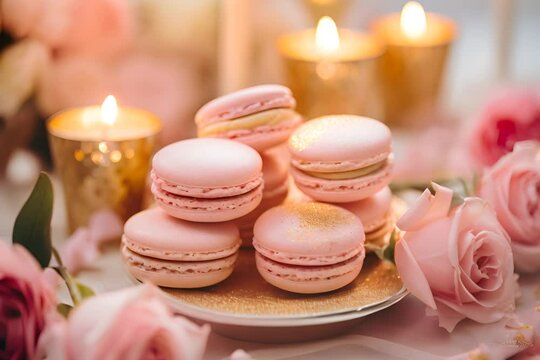 Elegant pink macarons with gold dust on a plate, accompanied by romantic candles and soft pink roses, for a luxurious dessert setting