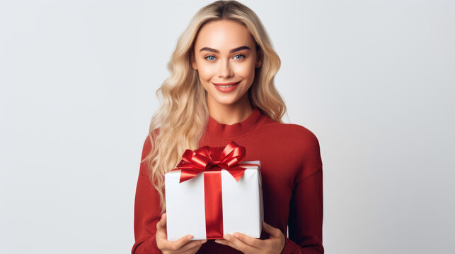 Portrait of a woman with a gift on white studio background